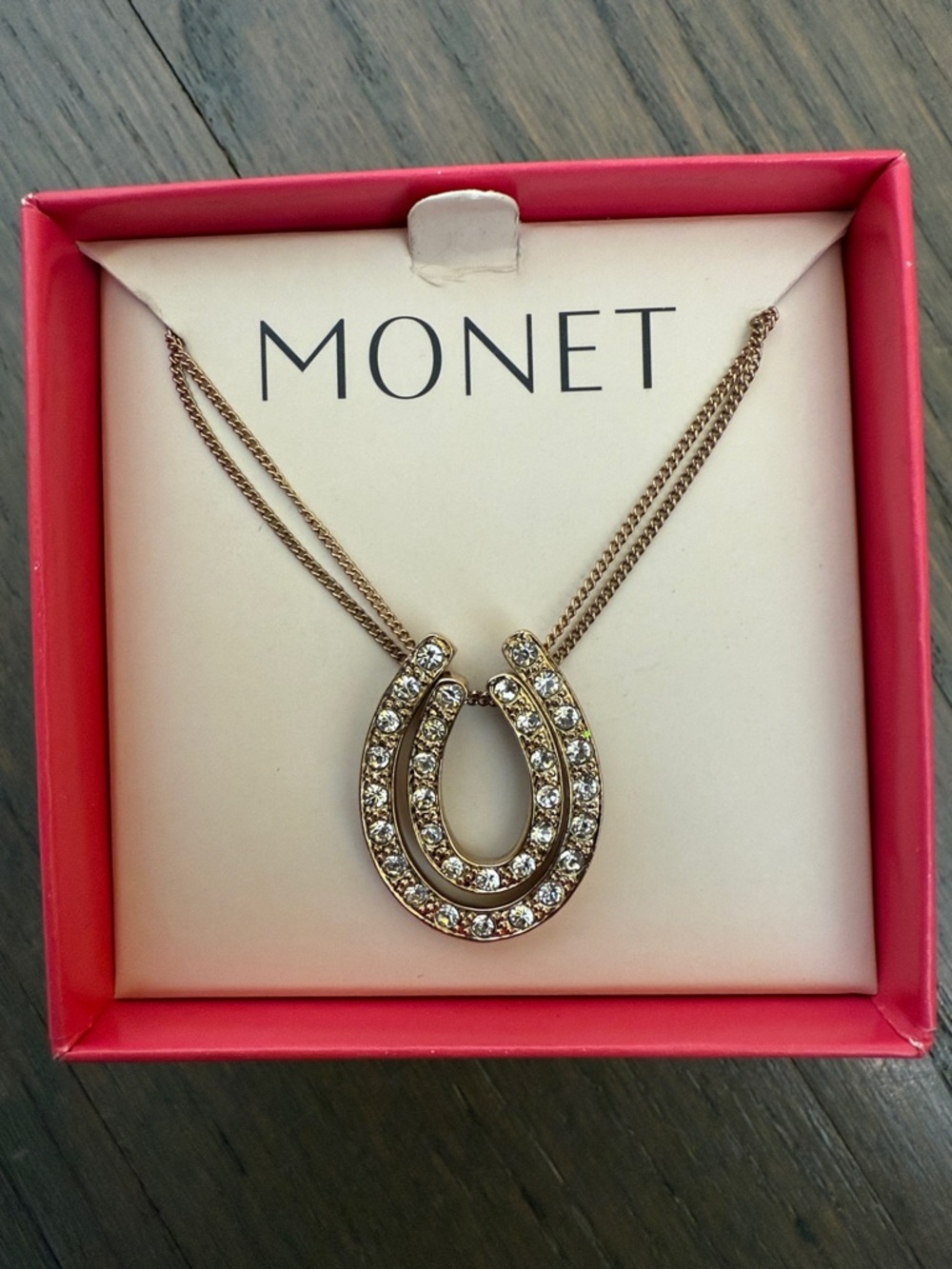 Monet Vintage Gold-Tone Crystal Horseshoe Necklace with Clear Stones